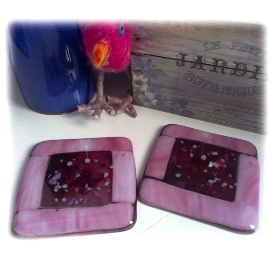 Fused Glass Coaster 8cm  Pink 015 Pair of Coasters 