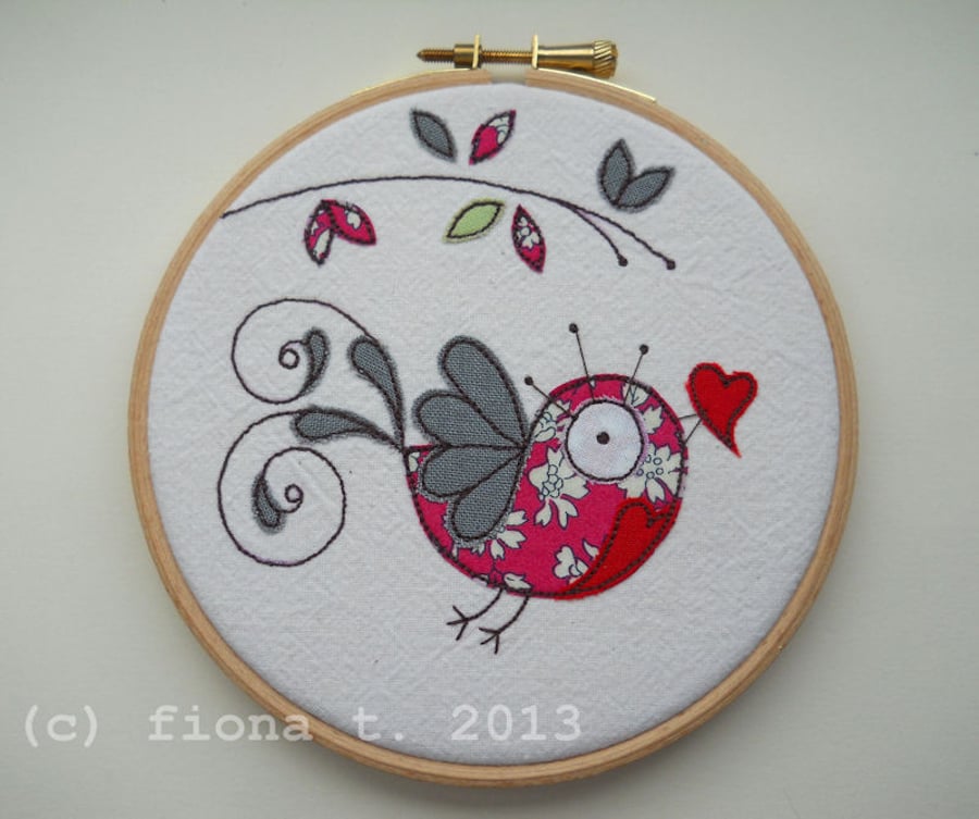 valentine's bird hoop embroidery