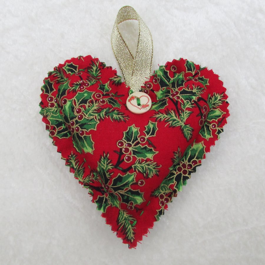 Red holly print hanging heart Christmas decoration