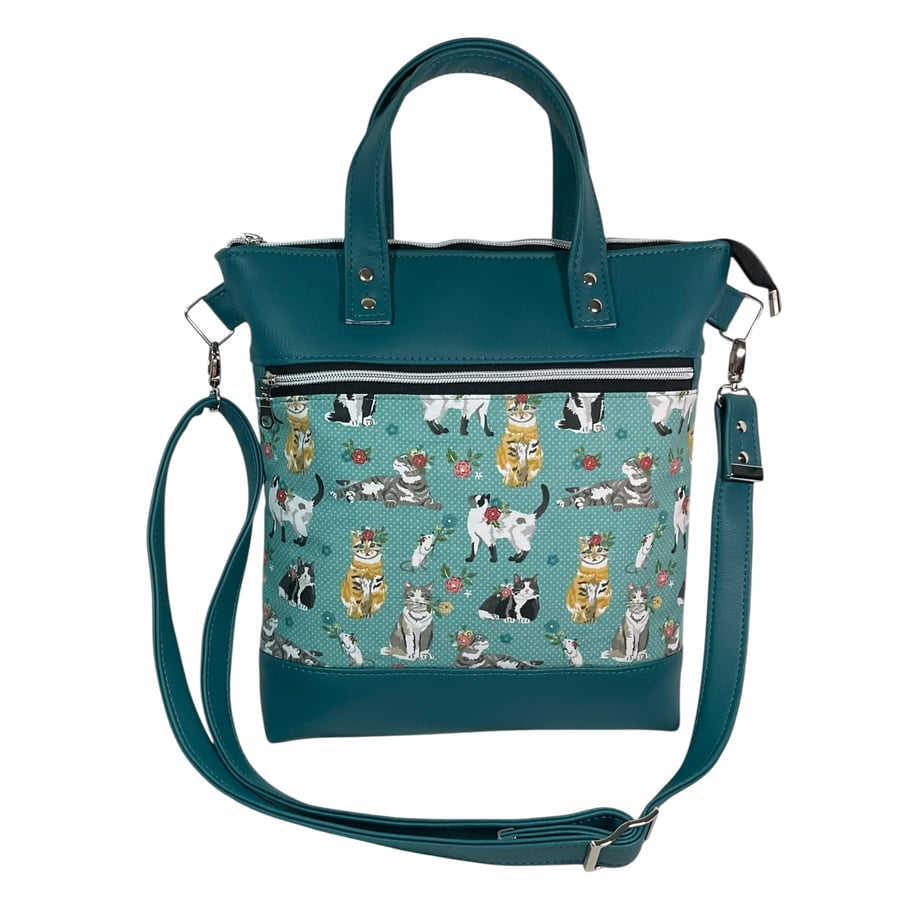 handbag in faux leather and cat breeds print, carry handles tote, medium size