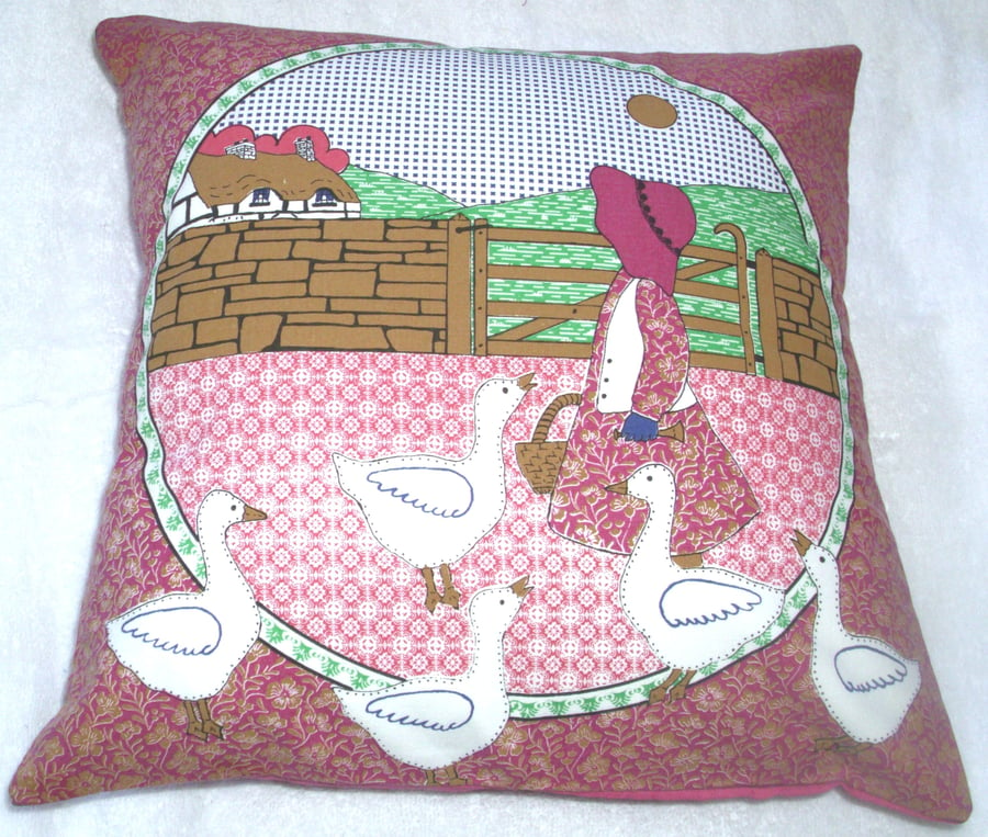 Little Goose girl with her five white geese cushion