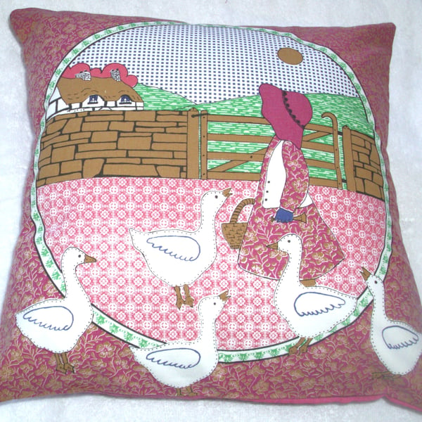 Little Goose girl with her five white geese cushion