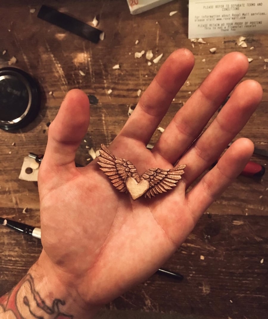 Hand Carved Heart & Angel Wings Pendant
