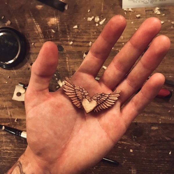 Hand Carved Heart & Angel Wings Pendant