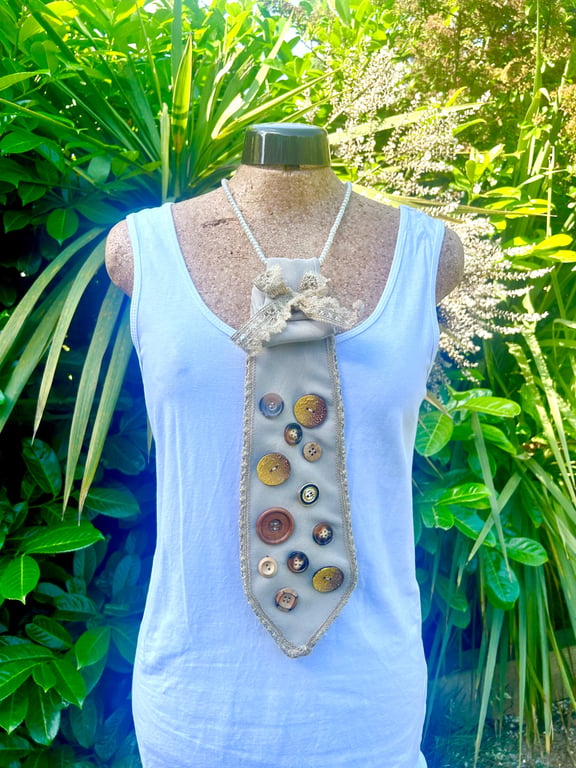 Button embellished tie - Upcycled - Fashion accessory 