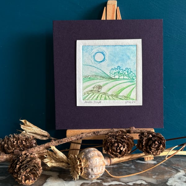 Miniature drypoint 'Dales Scape' print.