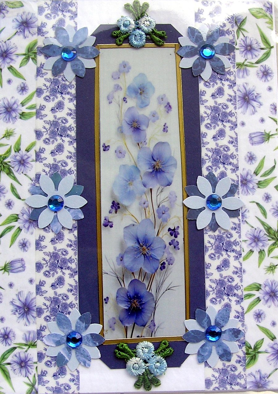 Blue Flower Blooms - Hand Crafted Decoupage Greeting Card - Blank 3186