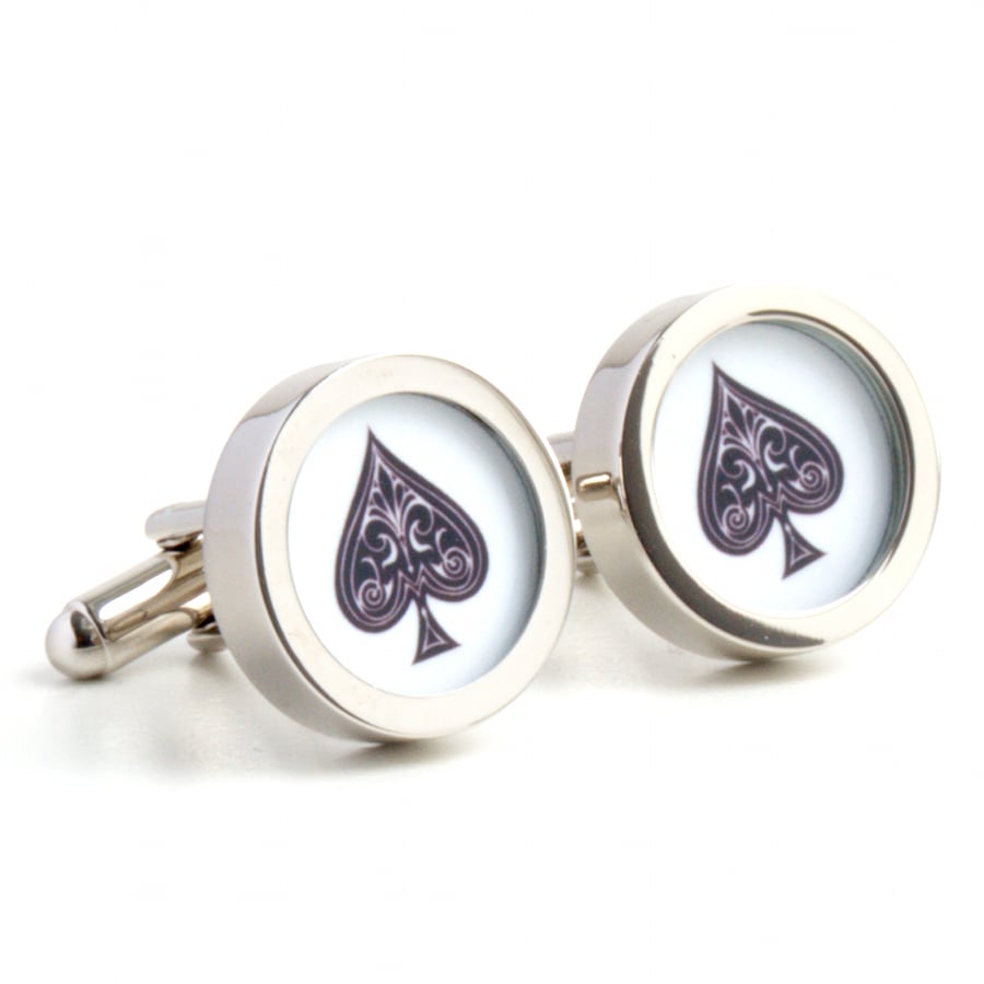 Ace of Spades Cufflinks with Ornate Scroll Design