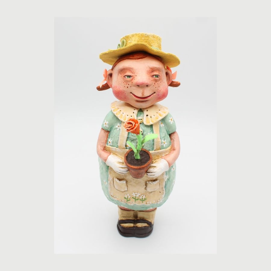 Decorative handmade girl doll the Gardener. Whimsical OOAK Figurine.