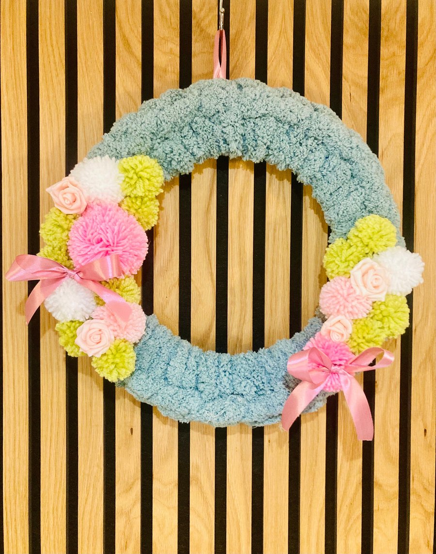 Woollen chunky hand crochet and pompom celebration wedding spring wreath