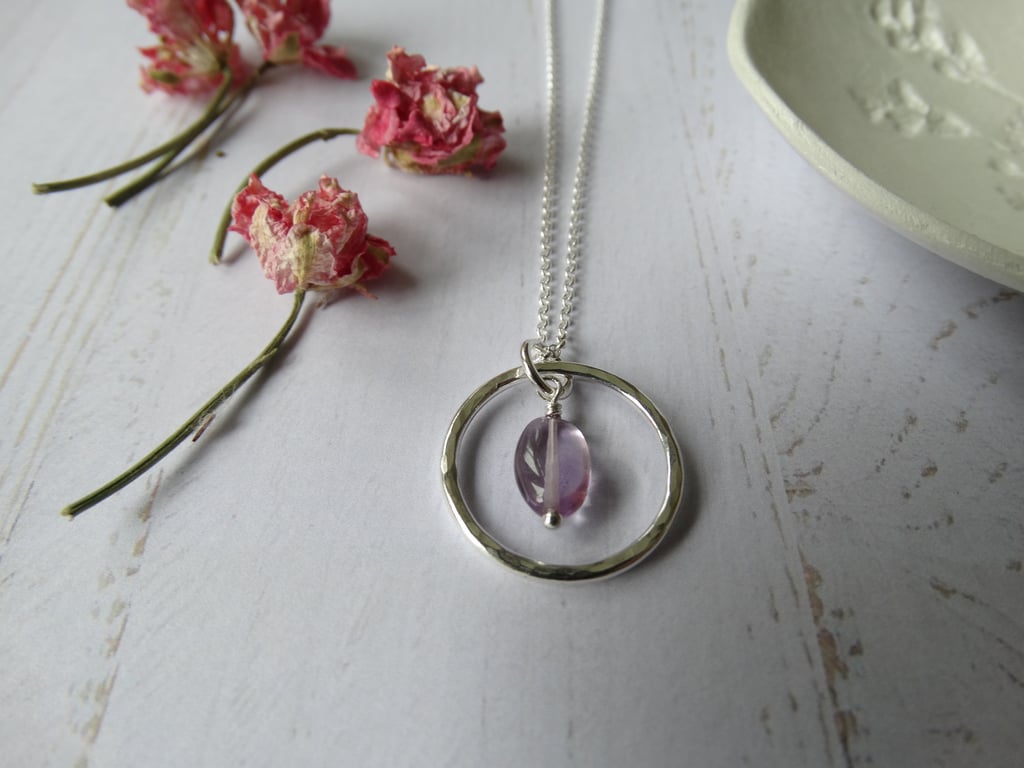 Silver hoop pendant - amethyst gemstone - recycled silver - February birthstone