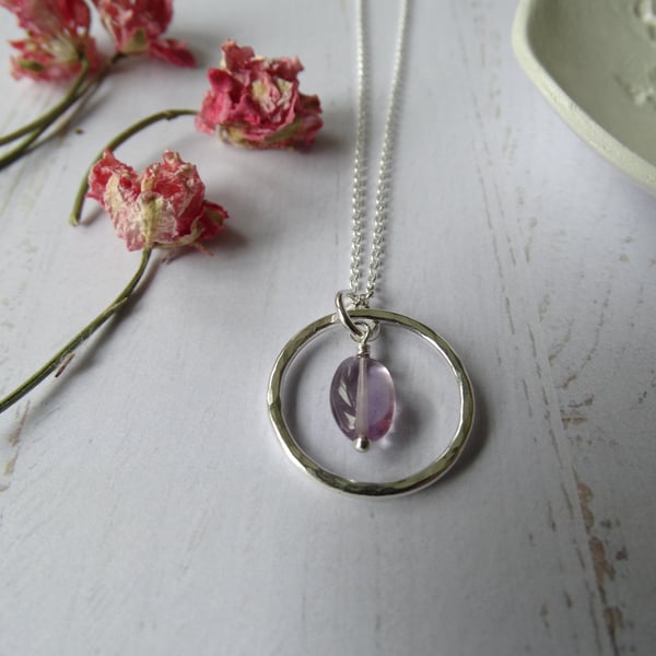 Silver hoop pendant - amethyst gemstone - recycled silver - February birthstone