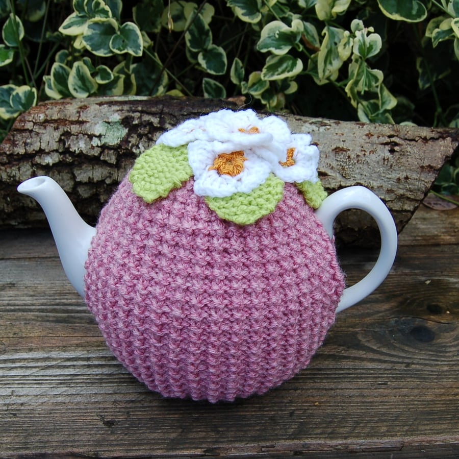 Wool Mix Tea Cosy Pink topped with daisies  to fit a large standard size teapot 