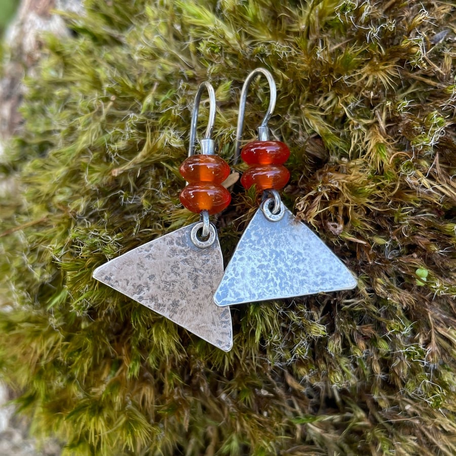 Oxidised Sterling silver triangle drop earrings with bright carnelian beads