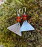 Oxidised Sterling silver triangle drop earrings with bright carnelian beads - Image 1