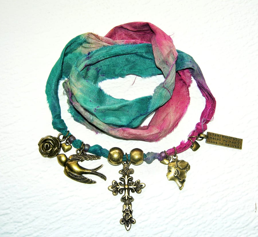 Sari Silk Gypsy Wrap Bracelet - Greens & Purple FREE UK post