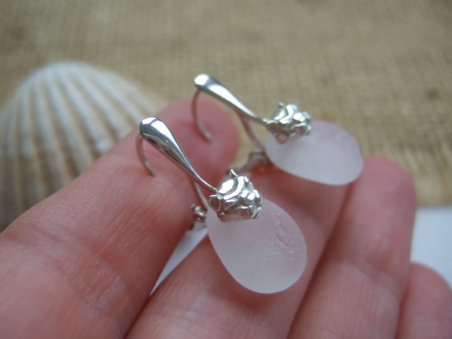 White Seaham sea glass earrings, sterling silver sea glass earrings, lion design