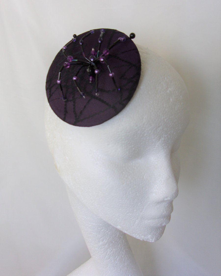 Aubergine Purple & Black Crystal Spider Cocktail Hat Fascinator Mini Headpiece 