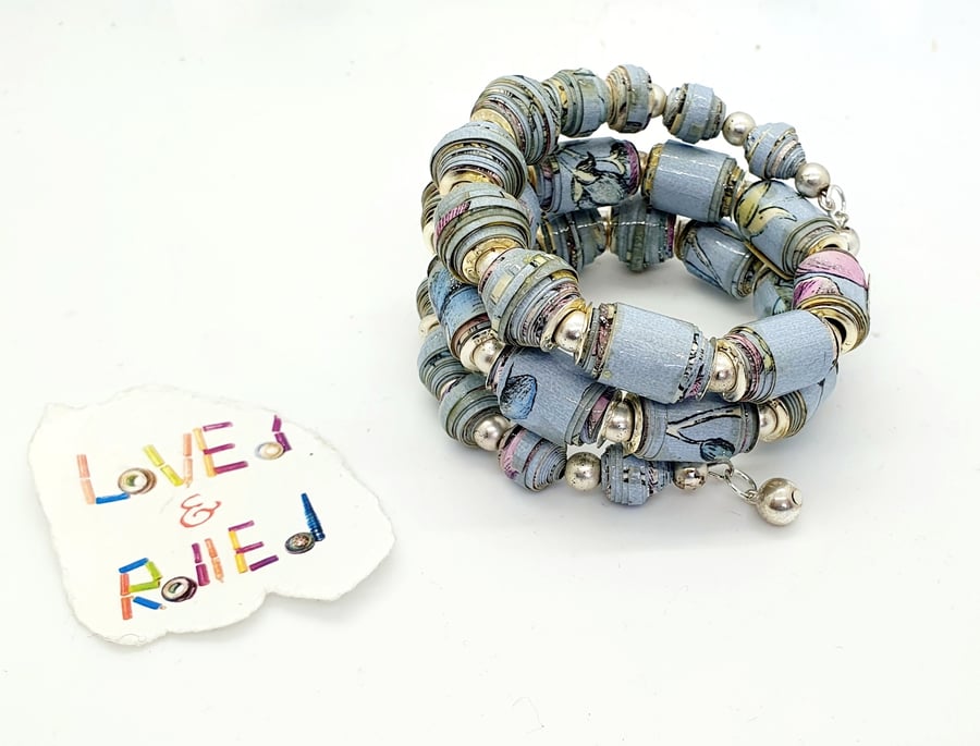 Memory wire pastel blue and pink bracelet with silvery beads