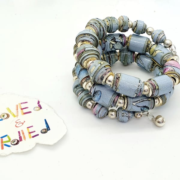 Memory wire pastel blue and pink bracelet with silvery beads