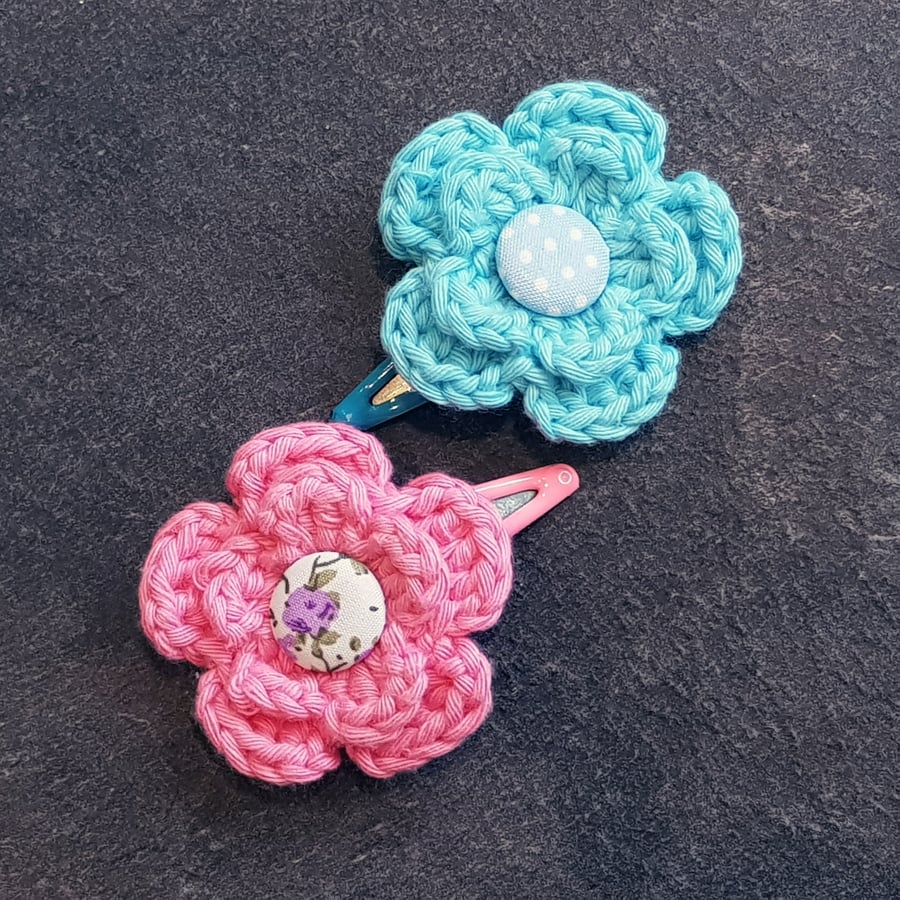 Pink and Blue Crochet Flower Clips