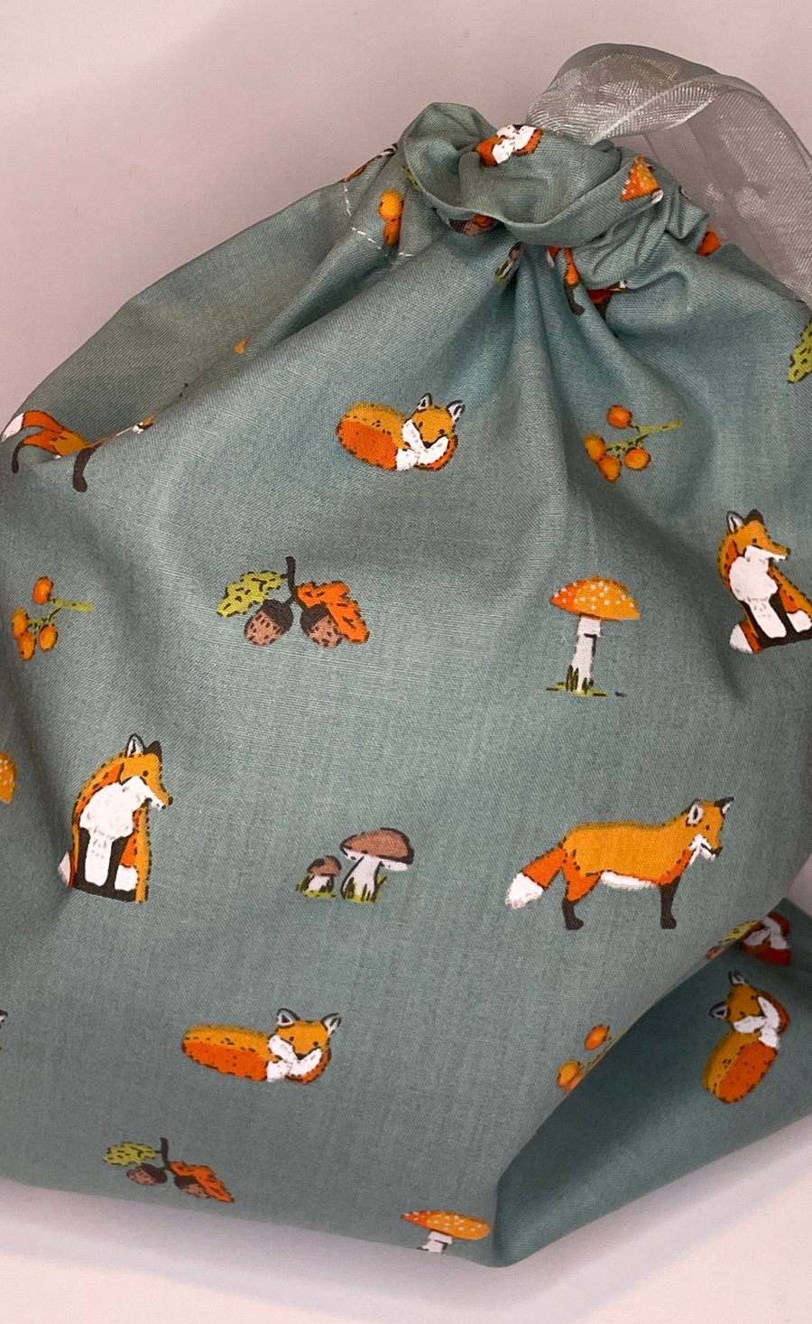 Lovely fox, fungi and acorns small fabric gift or storage bag 