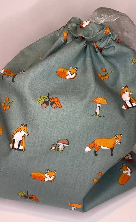 Lovely fox, fungi and acorns small fabric gift or storage bag 