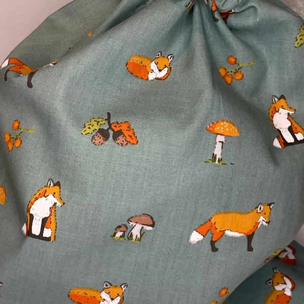 Lovely fox, fungi and acorns small fabric gift or storage bag 