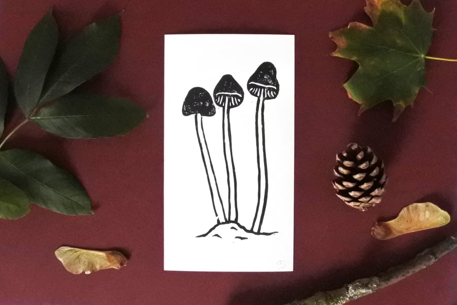 Black Mushrooms – Small handmade lino print