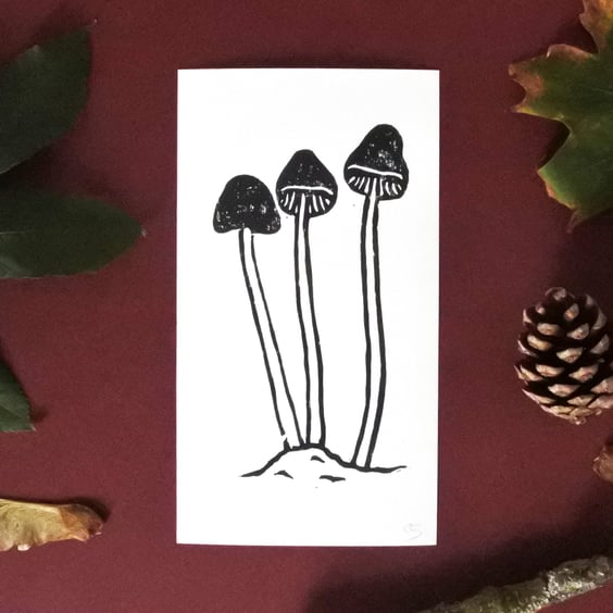 Black Mushrooms – Small handmade lino print