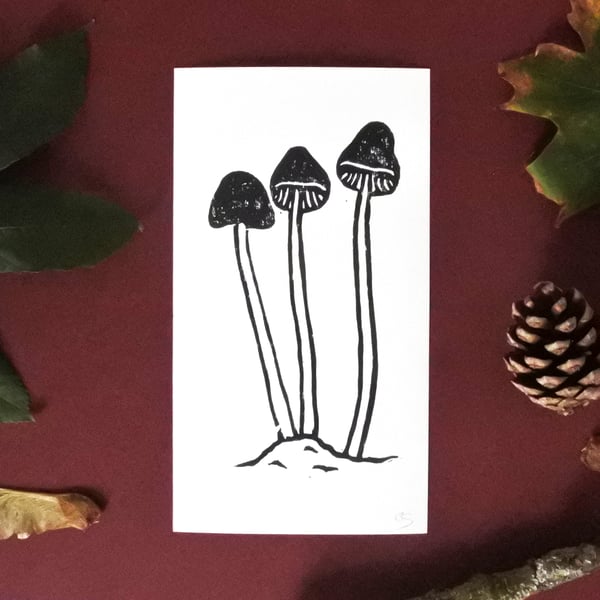 Black Mushrooms – Small handmade lino print