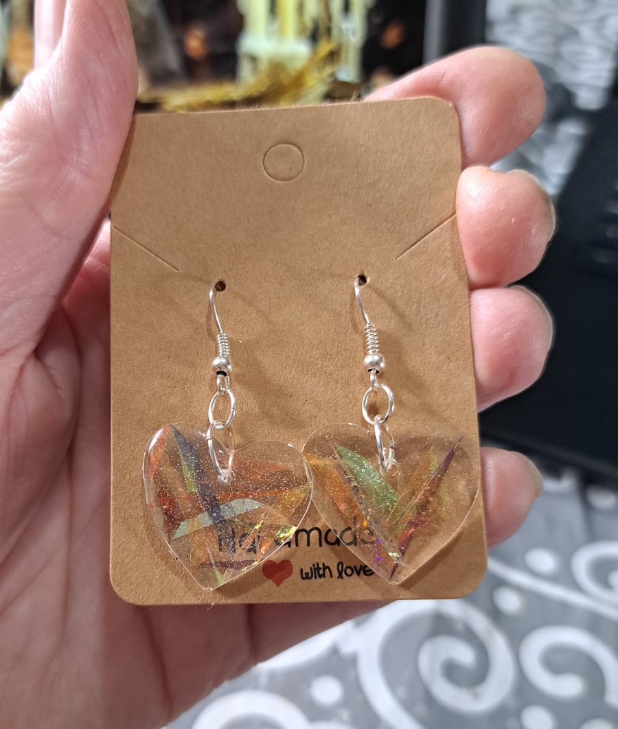Lovely heart resin earrings with sparkly dichroic film added