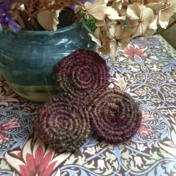 Macrame Spiral Triskele Woollen Brooch, inc Free UK delivery