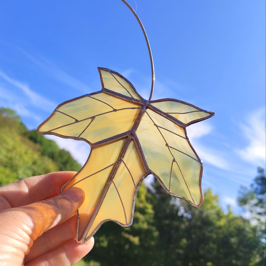 Stained glass Autumn sycamore leaf copperfoil suncatcher
