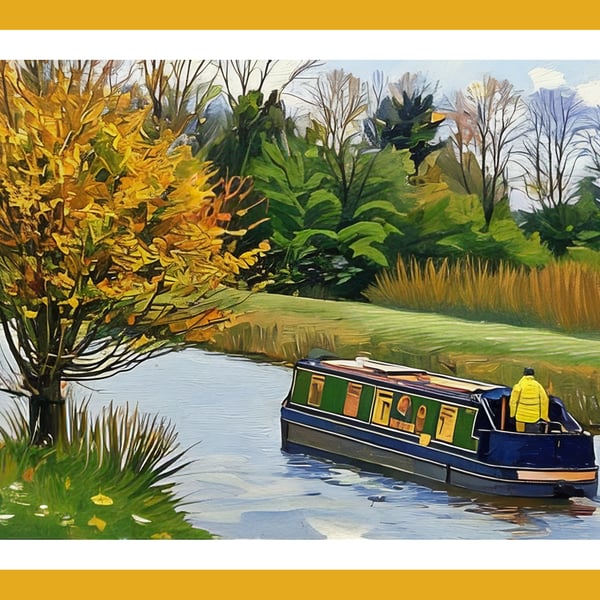 Narrow Boat On The Fens Norfolk Autumn Time Greeting Card A5