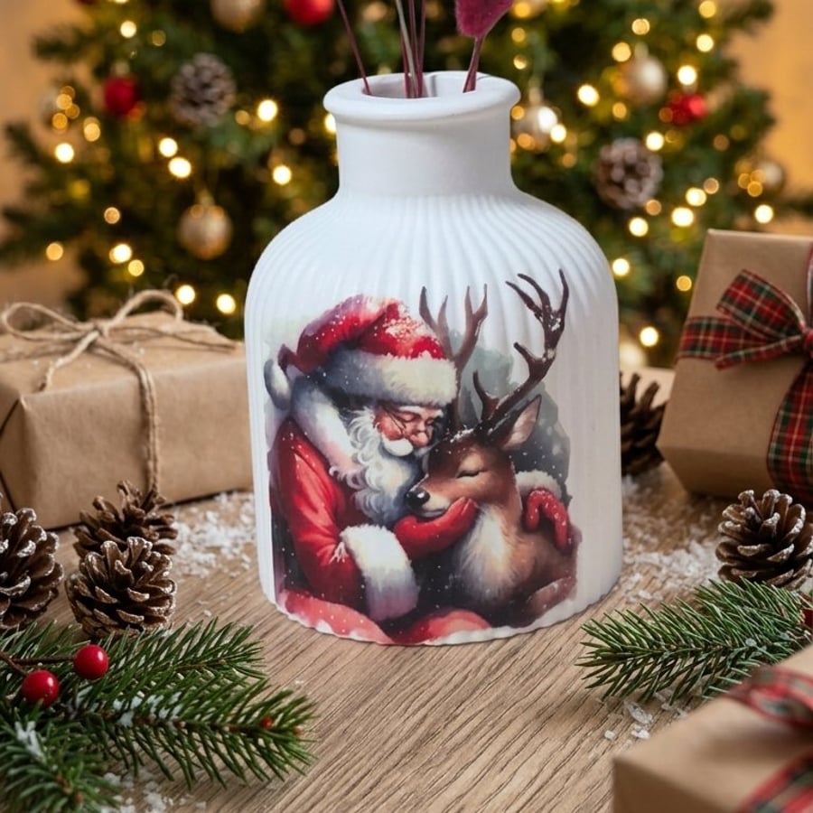 Handmade Eco-Resin Christmas Mini Vase - Santa & Reindeer Bud Vase