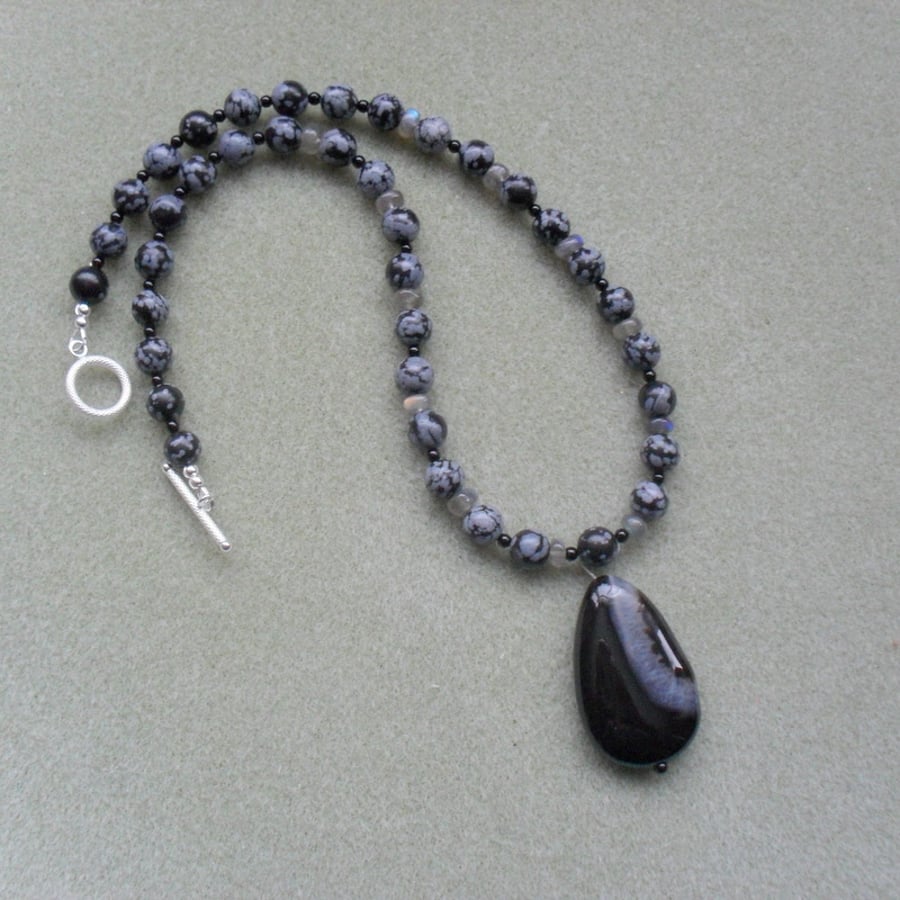 Snowflake Obsidian and Labradorite Necklace Sterling Silver