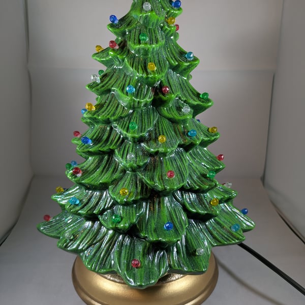 Green Xmas Ceramic Christmas Tree Table Lamp Light Ornament Decoration.