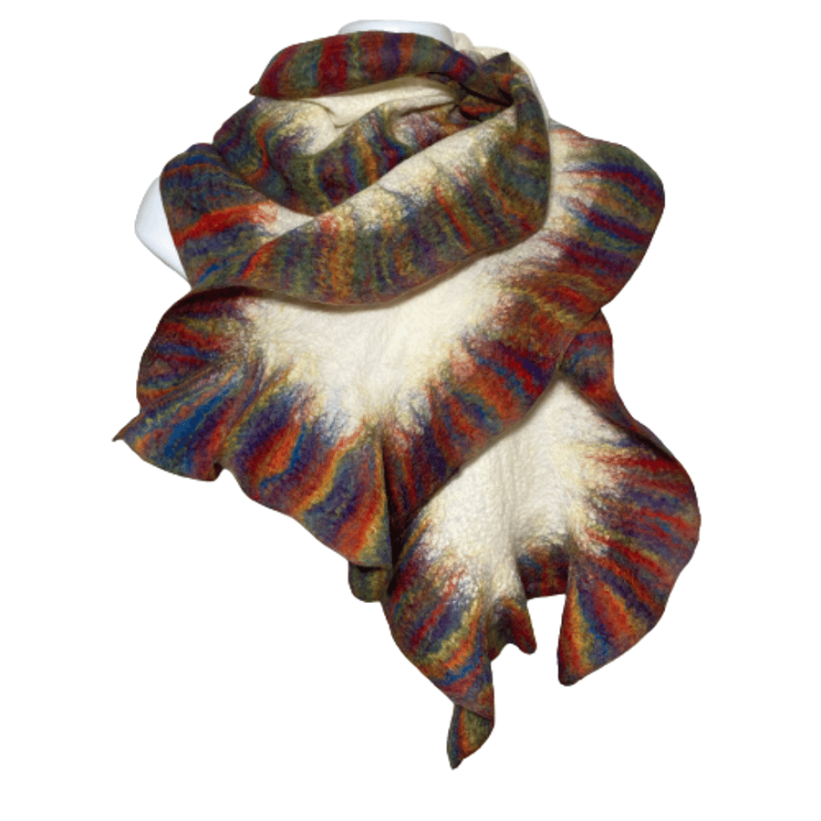 Nuno felted merino wool scarf with rainbow ruffled border
