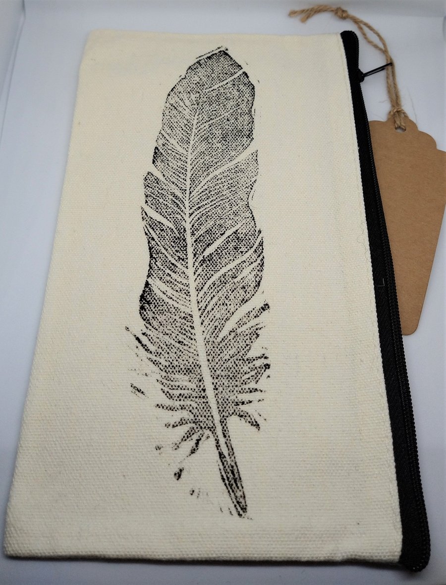 Hand Printed Feather Pencil Case