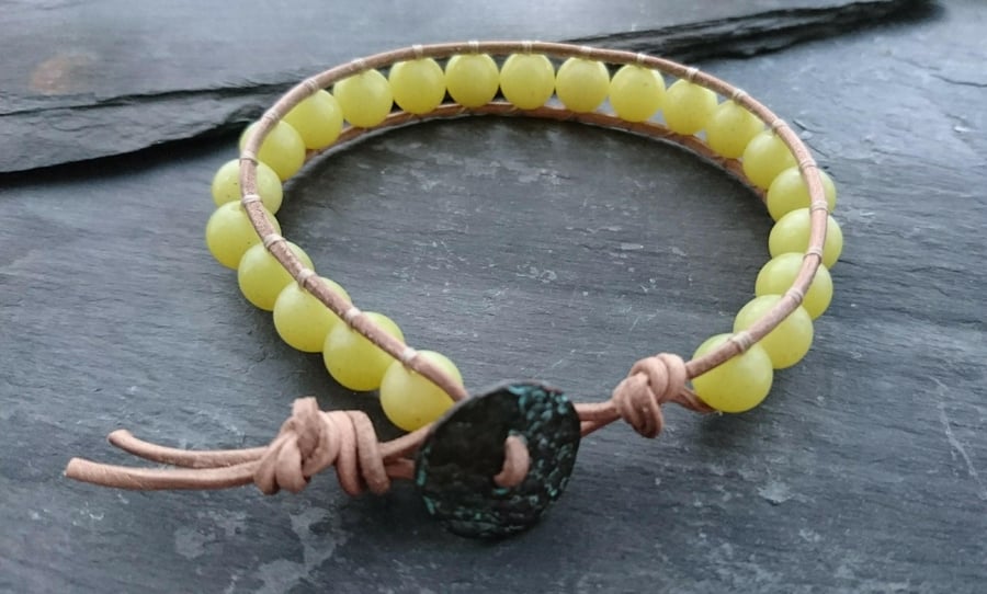 Tan leather and lemon jade bead bracelet, semi precious bracelet