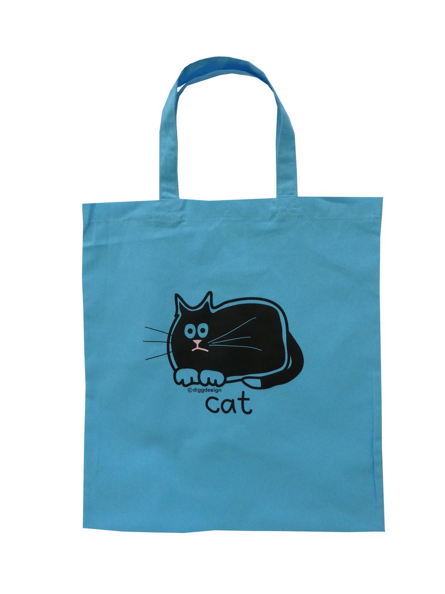 Digg Design BLACK CAT cotton Tote Shopper Bag. Skyblue.