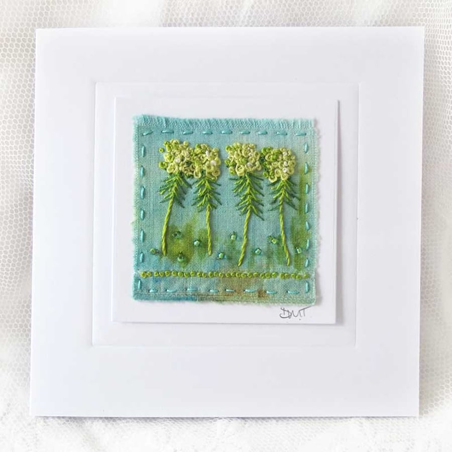 HAND EMBROIDERED FLORAL GREETING CARD EUPHORBIA 