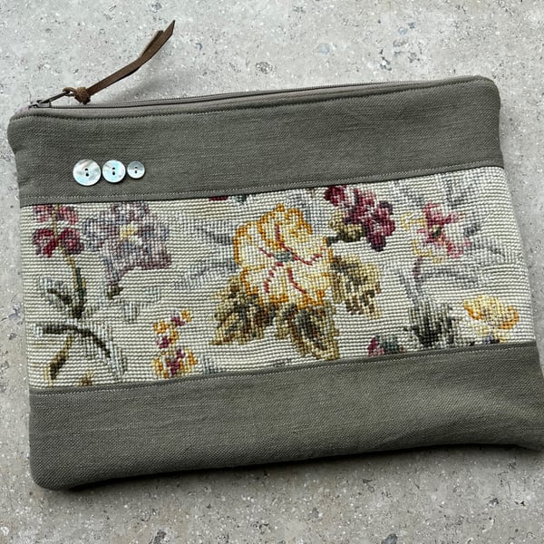 Reserved for MM - Floral tapestry fragment and linen large soft pouch