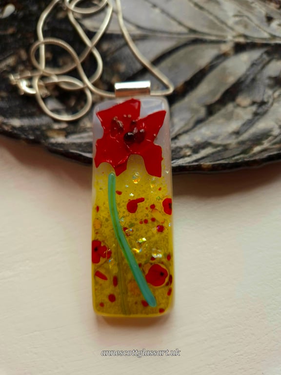 Handmade Fused Glass Pendant Necklace Poppy-field with large Red Poppy