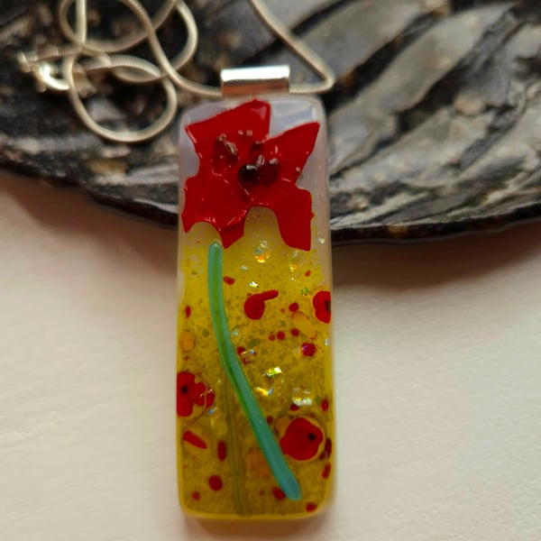 Handmade Fused Glass Pendant Necklace Poppy-field with large Red Poppy
