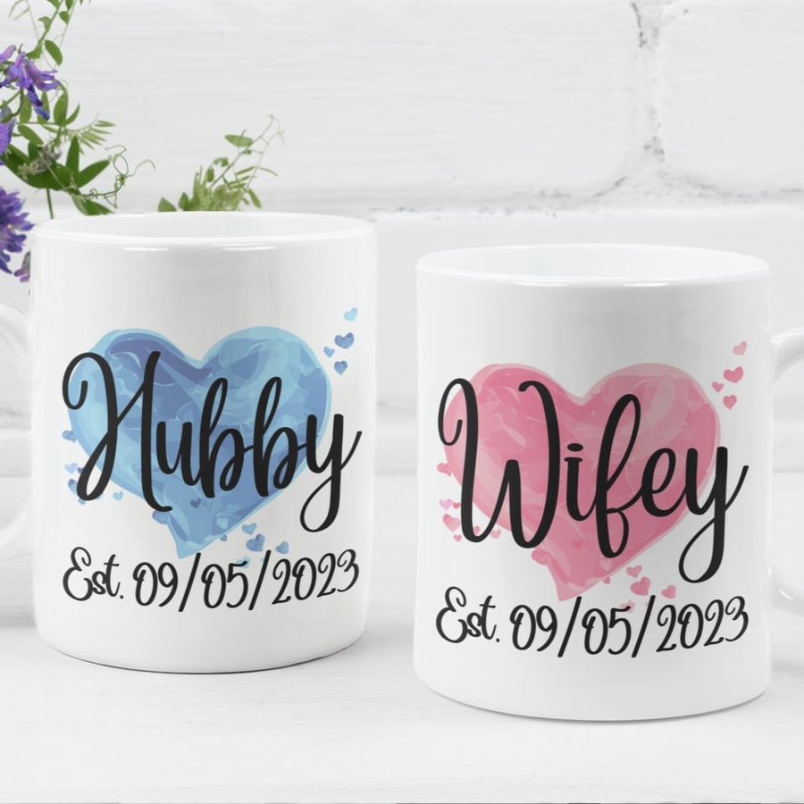 Hubby Wifey Personalised Wedding Date Mug Set Wedding Join engagement gift