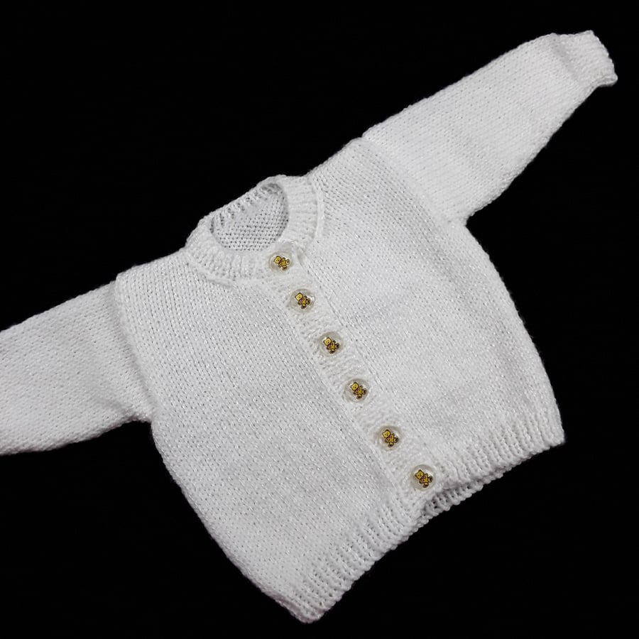 Hand knitted white baby boy girl cardigan  0 - 3 months round neck