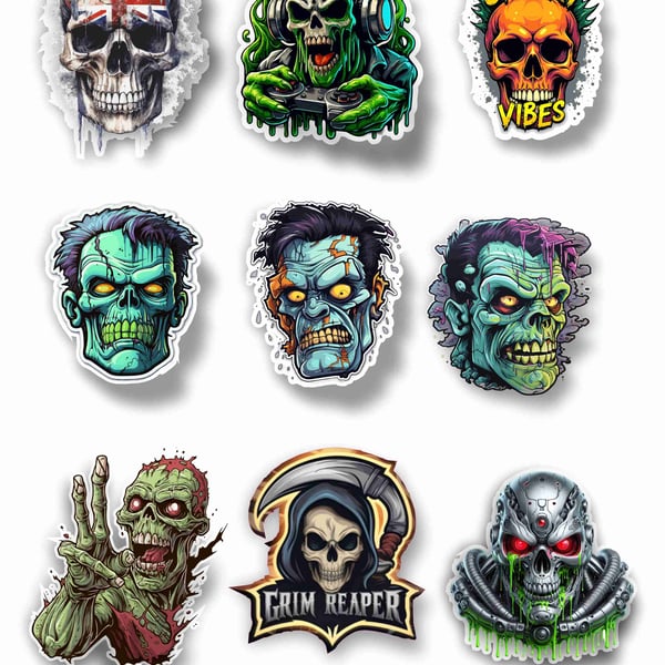 Spooky, Zombie, Skull Vinyl Stickers. Spooky designs for Laptops, Backpacks, 
