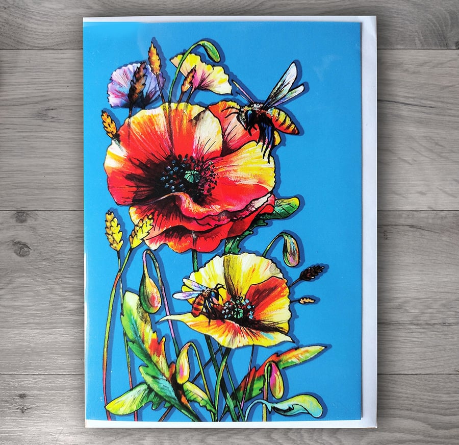 Poppies and honeybees watercolour print cards